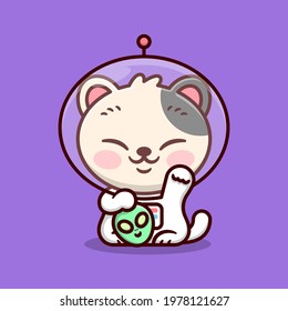 CUTE JAPANESE LUCKY CAT IS WEARING ASTRONAUT SUIT AND HOLDING AN GREEN ALIEN HEAD. HIGH QUALITY CARTOON MASCOT AND CHARACTER.