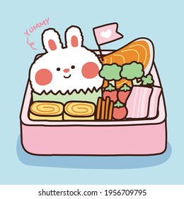 Cute Japanese Lunch In Bento Box On Blue Background.Rabbit Concept.Yummy.Kid Graphic Design.Image.Isolated.Art.Kawaii.Vector.Illustration.Illustrator.