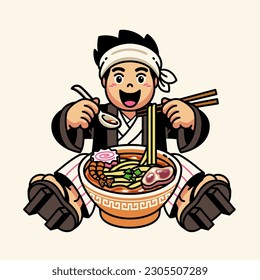 Cute Japanese Men wears traditional dress and eating the Ramen