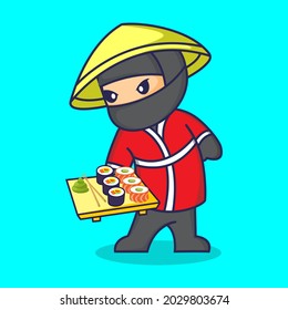 cute japanese ninja chef icon mascot character illustration vector