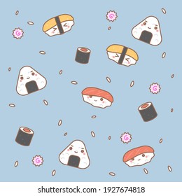 Cute japanese pattern with onigiri, sushi and rice on a blue background