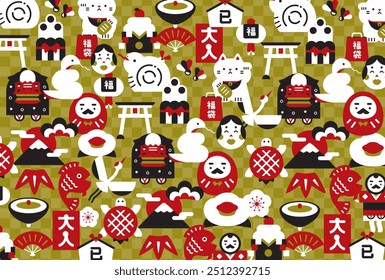 Cute Japanese pop New Year's card background with Japanese pattern of lucky charms for the year of the Snake 2025_Gold horizontal