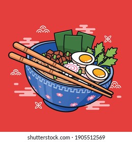 cute japanese ramen in blue bowl