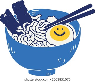 Cute Japanese Ramen Bowl Foodie Fun Hand-Drawn Vector Flat Illustration 