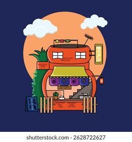 Cute Japanese ramen shop vector with traditional details, perfect for t-shirt prints, posters, stickers, menus, or Asian-themed graphic projects.