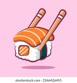 cute japanese salmon sushi with chopsticks vector design 