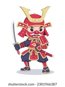 Cute Japanese samurai in battle armor holding katana cartoon illustration