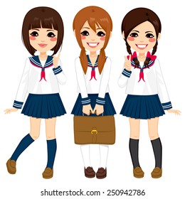 Cute japanese school girls friends happy together in same sailor uniform