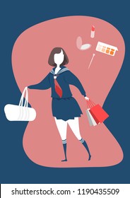 Cute japanese school girls uniform and Cosmetics bought by young girls.Shopping Girl Cosplay Character concept.