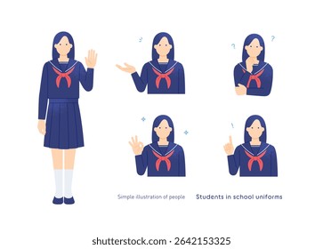 Bonito Japonês Escola em Uniforme - OK, Pensando, e Pointing Poses (Vetor)