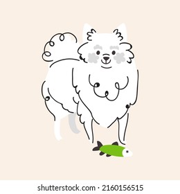 Cute Japanese Spitz with toy. Isolated on beige background. Vector flat style cartoon illustration