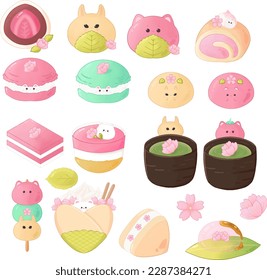 Cute Japanese Sweets,Sticker,Strawberry Daifuku,Sukura Mochi,Sakura Roll Cake,Macarons,Mochi,Hishimochi,Sakura Cake Cup,Hot green tea,Dango,Japanese crepes,Flower sandwich,Raindrop cake,Vector