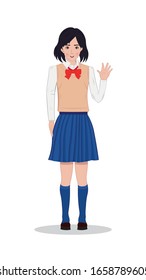 Cute japanese teen girl student in winter uniform with red bow tie drawing in vector