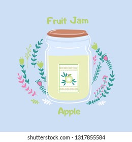 Cute jar with apple jam; hand drawn illustration in sketch style with homemade desserts and labels; banners for home bakery; poster, postcard design