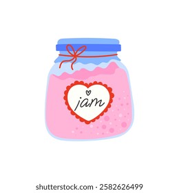 Cute jar of berry and fruit jam, vector illustration in flat style. Cooking concept, canned food