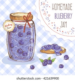 Cute jar of blueberry jam; hand drawn illustration in sketch style with homemade berry dessert and bread on checkered background