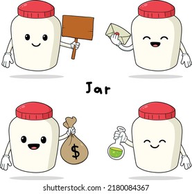 Cute jar with faces cartoon mascot hand drawn set isolated on white background