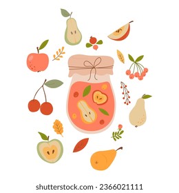 Frasco con compota casera, mermelada. Frutas conservadas, bayas. Conservación del hogar, cosecha, suministros para el invierno. postre dulce de bayas, mermelada de frutas. Temporada de cosecha del otoño. Ilustración del vector