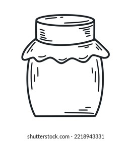 Cute jar of jam or honey doodle illustration. A simple outline image of closed glass vessel. Canned jar sketch isolated vector illustration