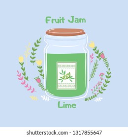 Cute jar with lime jam; hand drawn illustration in sketch style with homemade desserts and labels; banners for home bakery; poster, postcard design