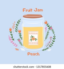 Cute jar with peach jam; hand drawn illustration in sketch style with homemade desserts and labels; banners for home bakery; poster, postcard design
