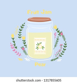 Cute jar with pear jam; hand drawn illustration in sketch style with homemade desserts and labels; banners for home bakery; poster, postcard design