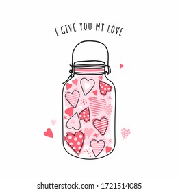 Cute jar with pink and red hearts. Vector illustration isolated on a white background. Postcard, poster. I give you my love.