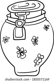 Cute jar for products with flower pattern. Cozy Home Coloring Page or Book for Children and Adults