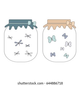 cute jar set with butterflies and dragonflies vector illustration