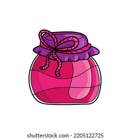 Frasco de mermelada de fresa aislado sobre fondo blanco. Ilustración dibujada a mano por vectores en estilo de trama. Colores rosados