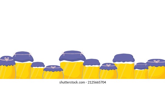 Cute jars of honey in cartoon Flat and cute style. Honey, signboard, set of honeycomb. Vector illustration isolated on a white background. Use for postcards, T-shirt printing, poster for children.