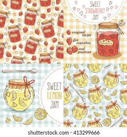 Cute jars of strawberries and lemon jam; hand drawn illustration in sketch style with homemade marmalade dessert; doodle berries, hearts, citrus slice and spoon
