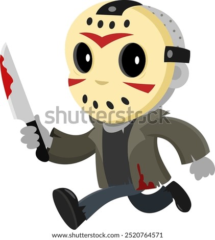 Cute Jason Murderer Cartoon Character Running With Bloody Knife. Vector Illustration Flat Design Isolated On Transparent Background