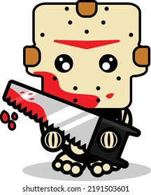 Cute Jason Voorhees Bone Mascot Character Cartoon Vector Illustration Holding Bloody Saw