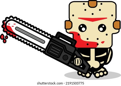 Cute Jason Voorhees Bone Mascot Character Cartoon Vector Illustration Holding Bloody Saw Machine