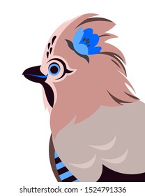Cute Jay bird with blue flower on head. Flat vector illustration
