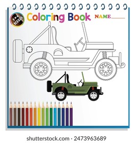 Cute Jeep clipart page for kids. Vector illustration for children. Vector illustration of Cute cartoon Jeep on isolated white background.