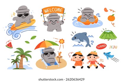 Cute Jeju Island Dolhareubang character set. Jeju Island summer concept icon.