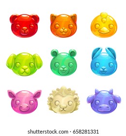 Cute jelly animals faces. Vector colorful gummy candy icons.