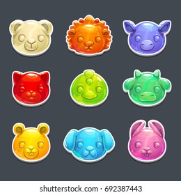 Cute jelly animals faces. Vector colorful gummy candy stickers.