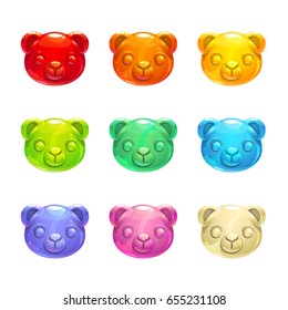 Cute jelly bears faces. Vector colorful candy icons.