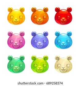 Cute jelly beaver faces. Vector colorful gummy candy icons.