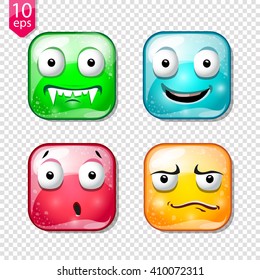 Cute jelly cartoon characters set with different emotions and colors. Vector illustration
