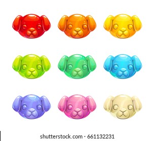 Cute jelly dog faces. Vector colorful gummy candy icons.