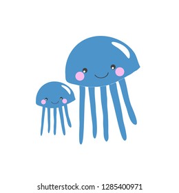 Cute Jelly Fish Family, Swimming Jelly Fish, Mum And Baby, Sea Life Children Illustration, Kawaii Jelly Fish