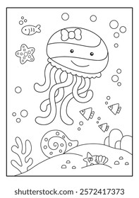 Cute jelly fish with sea view background coloring page for kids. Funny animal outline vector illustration.