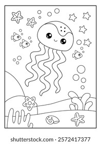 Cute jelly fish with sea view background coloring page for kids. Funny animal outline vector illustration.