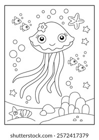 Cute jelly fish with sea view background coloring page for kids. Funny animal outline vector illustration.