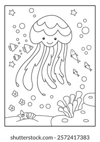 Cute jelly fish with sea view background coloring page for kids. Funny animal outline vector illustration.