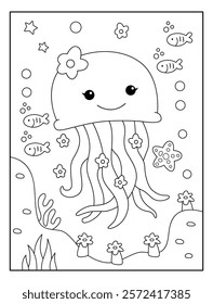 Cute jelly little smile fish with sea view background coloring page for kids. Funny animal outline vector illustration.